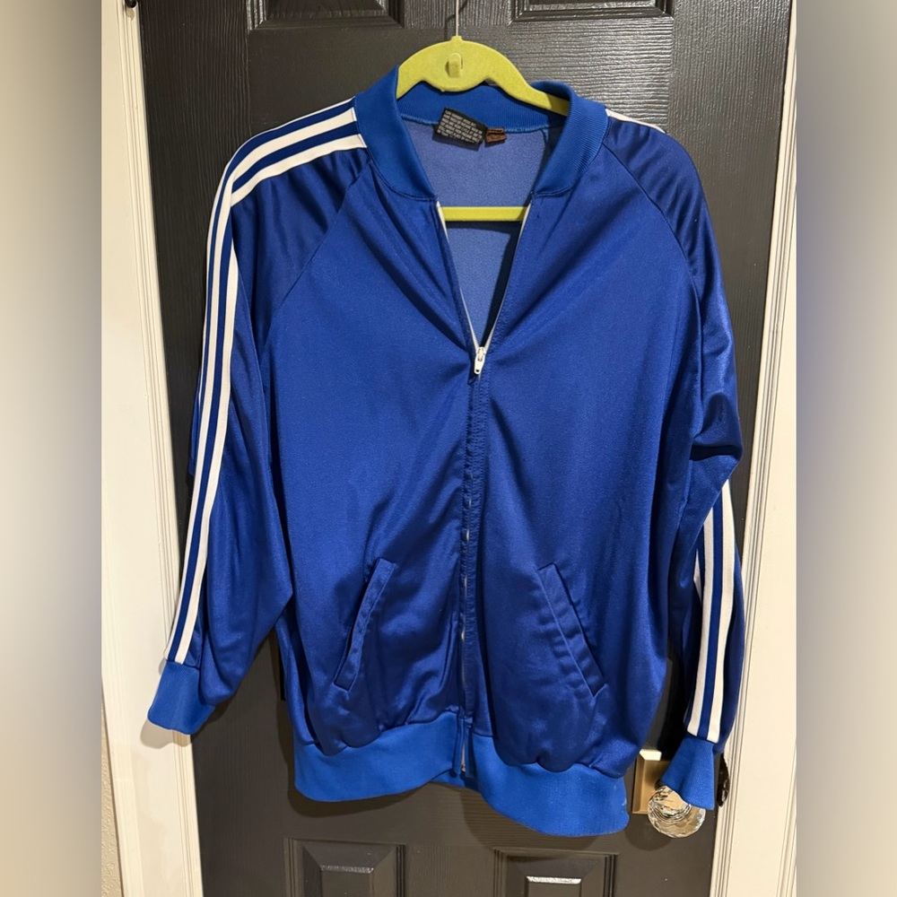 Vtg Blue Men's Track Jacket with White Stripe Detail and light fleece interior